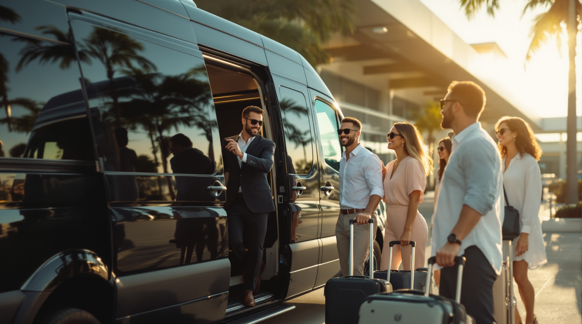 Group of travelers being greeted at the Tampa International curb by a luxury Mercedes Sprinter van and driver during golden hour.