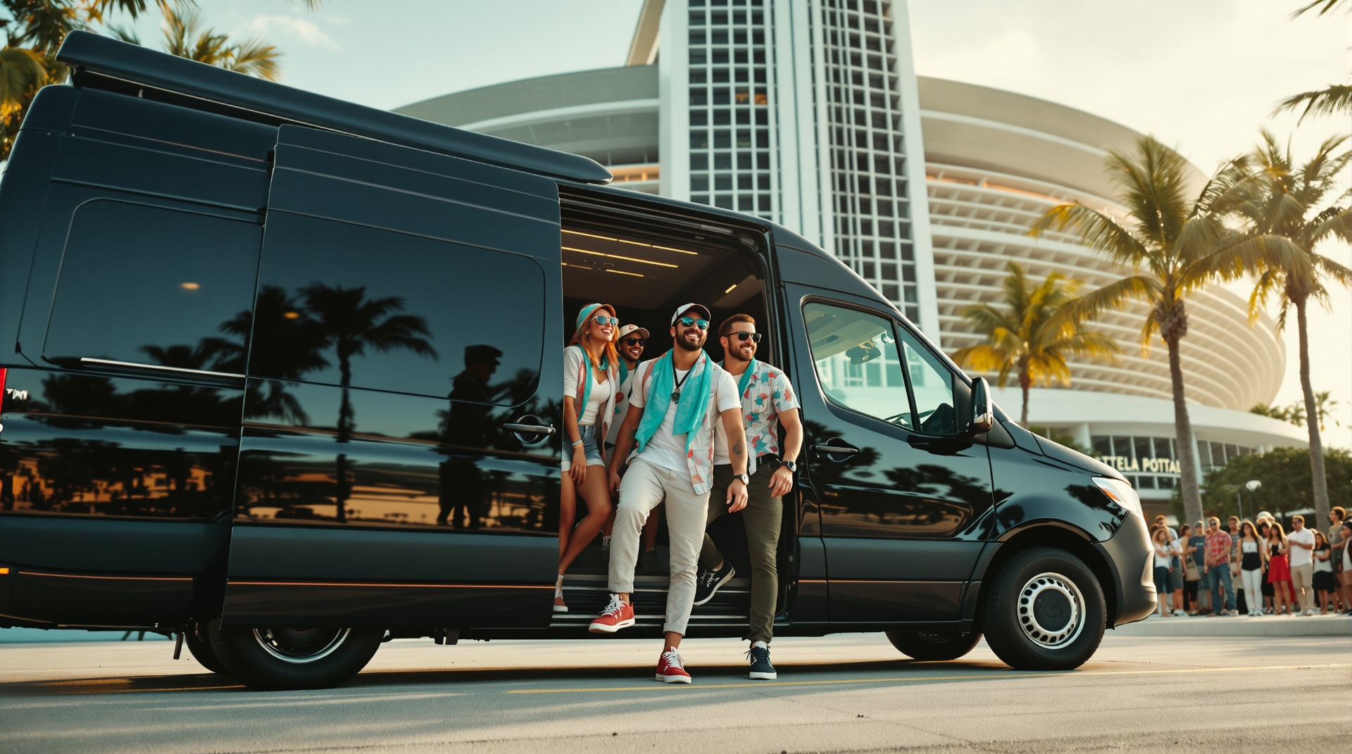 Group of Bucs fans stepping out of a black Mercedes Sprinter van outside Raymond James Stadium on game day.