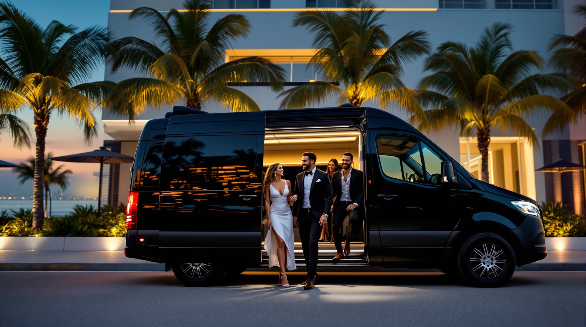 Stylishly dressed group stepping out of a black Mercedes Sprinter van along the Tampa Riverwalk at dusk.